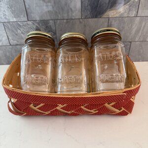 Vtg Farmhouse Split Slat Wood Woven Red Ribbon Basket w 20 oz Atlas Mason Jars